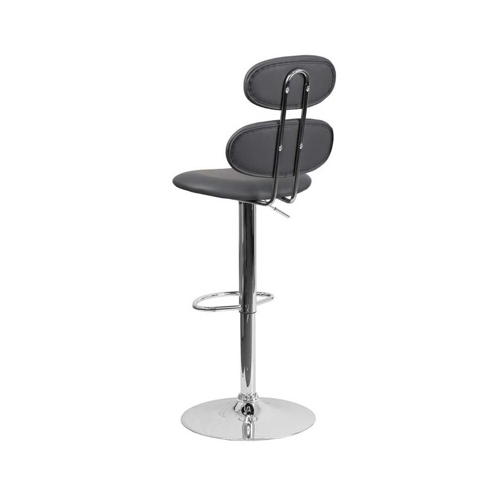 Contemporary Gray Vinyl Adjustable Height Barstool with Ellipse Back and Chrome Base