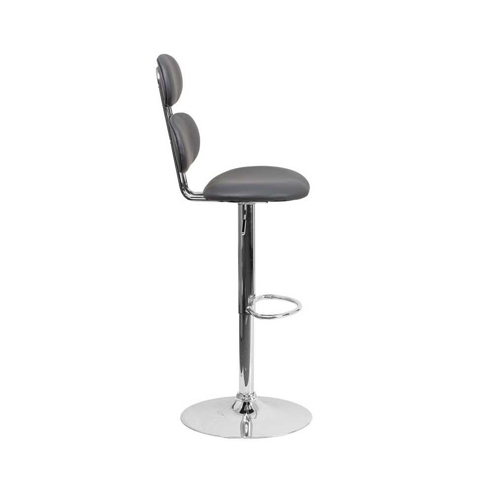 Contemporary Gray Vinyl Adjustable Height Barstool with Ellipse Back and Chrome Base