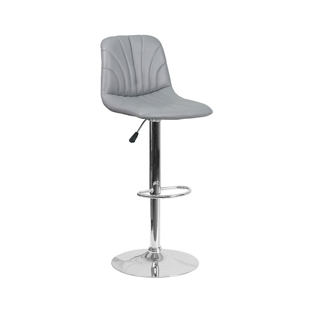 Contemporary Gray Vinyl Adjustable Height Barstool with Embellished Stitch Design and Chrome Base