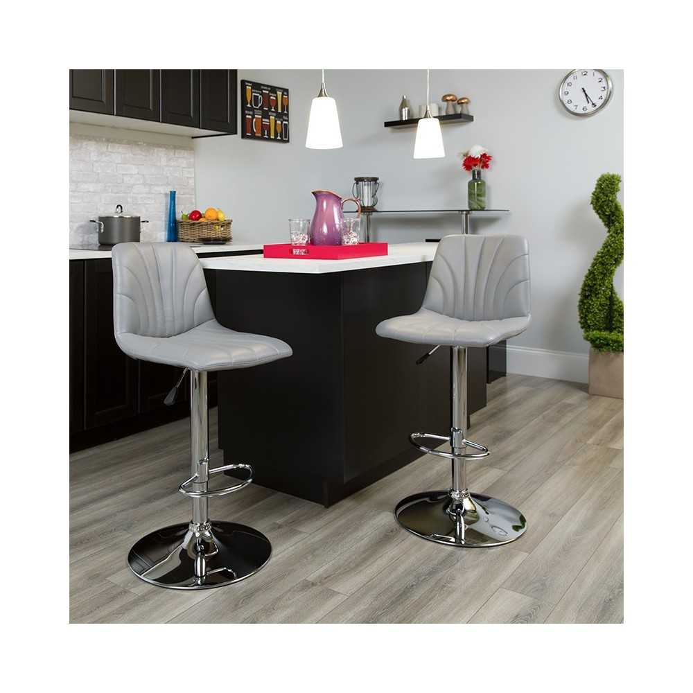 Contemporary Gray Vinyl Adjustable Height Barstool with Embellished Stitch Design and Chrome Base