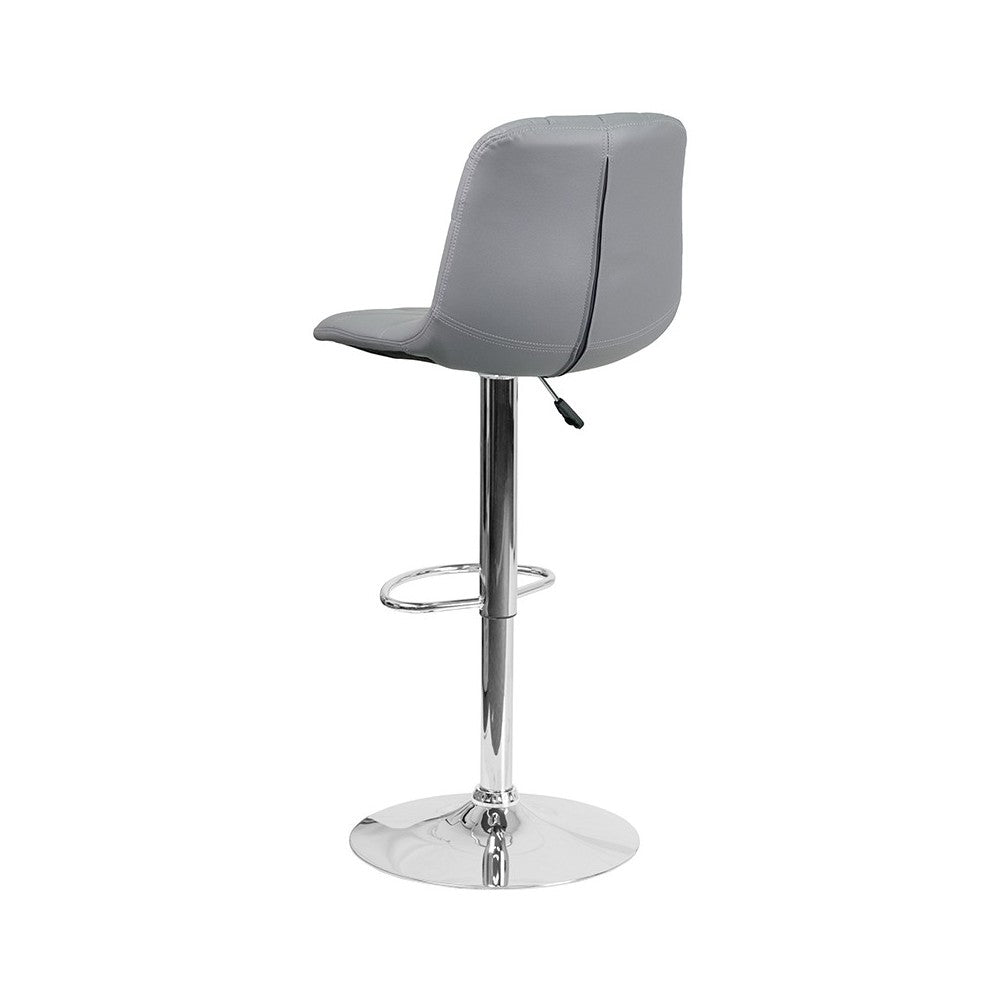 Contemporary Gray Vinyl Adjustable Height Barstool with Embellished Stitch Design and Chrome Base