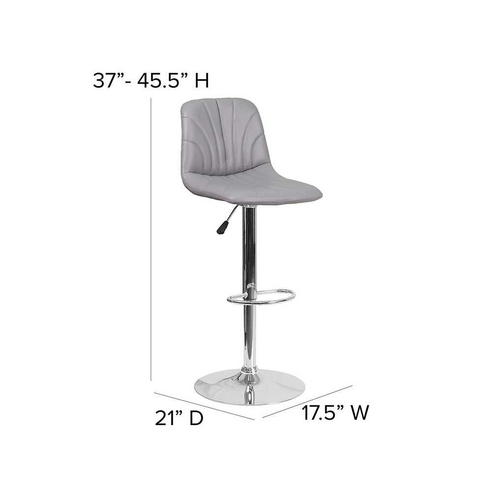 Contemporary Gray Vinyl Adjustable Height Barstool with Embellished Stitch Design and Chrome Base