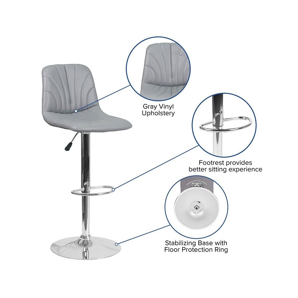 Contemporary Gray Vinyl Adjustable Height Barstool with Embellished Stitch Design and Chrome Base