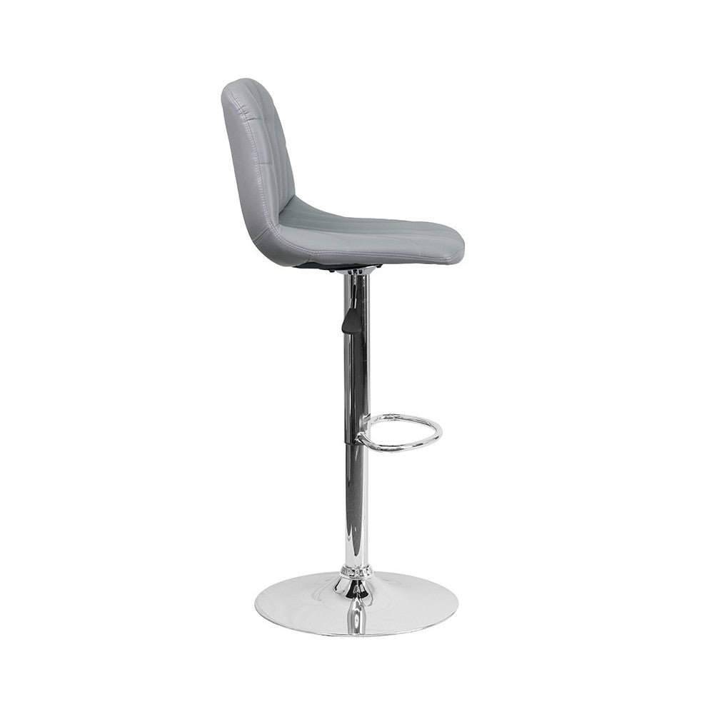 Contemporary Gray Vinyl Adjustable Height Barstool with Embellished Stitch Design and Chrome Base