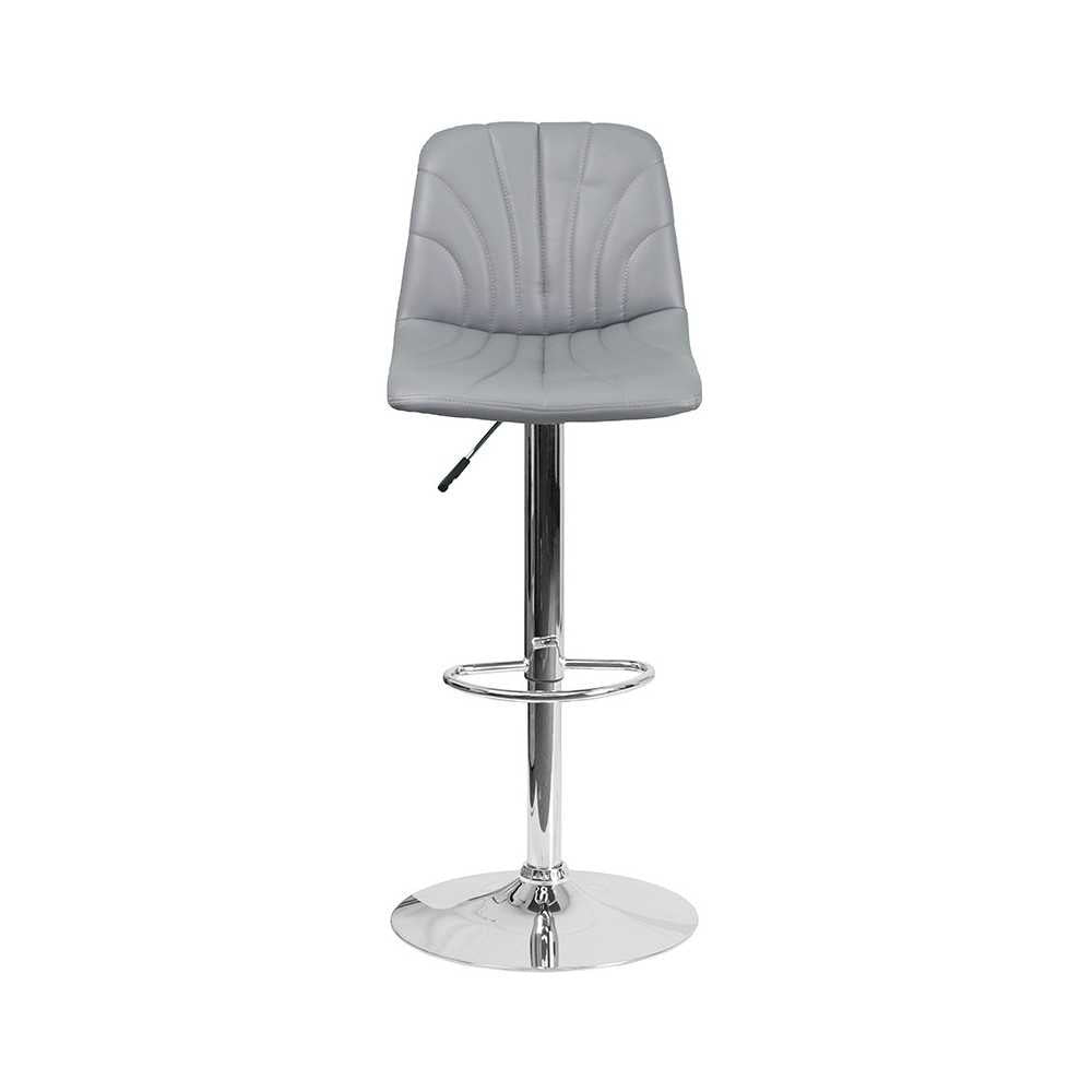 Contemporary Gray Vinyl Adjustable Height Barstool with Embellished Stitch Design and Chrome Base