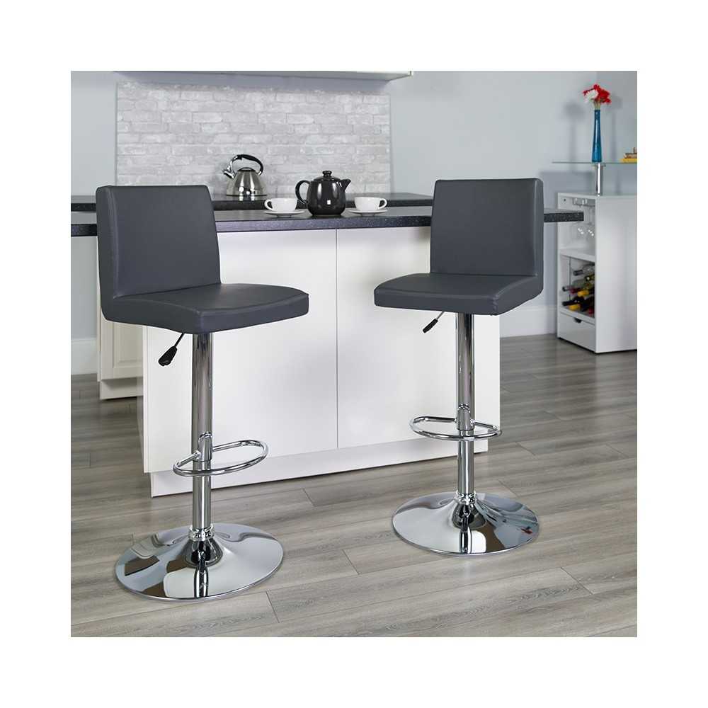 Contemporary Gray Vinyl Adjustable Height Barstool with Panel Back and Chrome Base