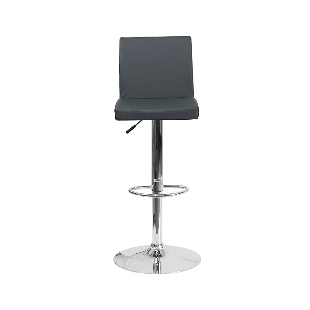 Contemporary Gray Vinyl Adjustable Height Barstool with Panel Back and Chrome Base