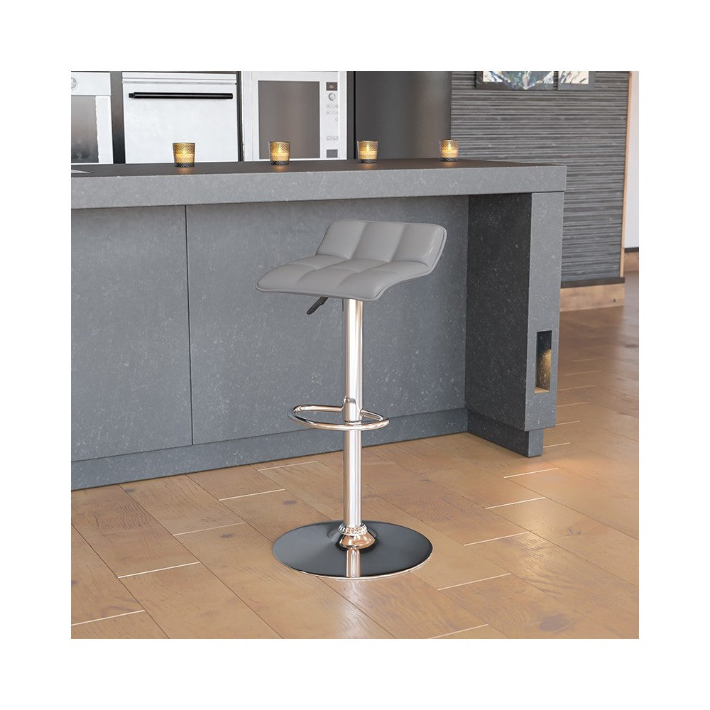 Contemporary Gray Vinyl Adjustable Height Barstool with Quilted Wave Seat and Chrome Base