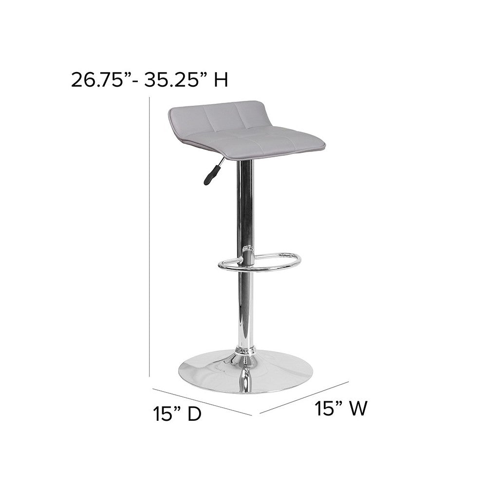 Contemporary Gray Vinyl Adjustable Height Barstool with Quilted Wave Seat and Chrome Base