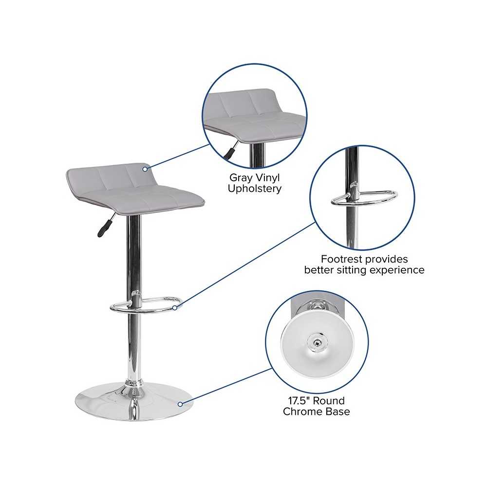 Contemporary Gray Vinyl Adjustable Height Barstool with Quilted Wave Seat and Chrome Base