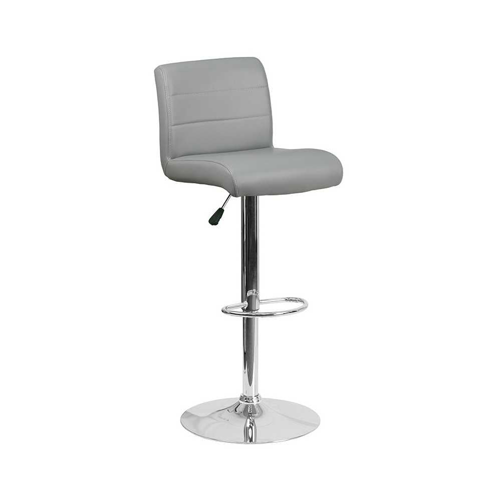 Contemporary Gray Vinyl Adjustable Height Barstool with Rolled Seat and Chrome Base