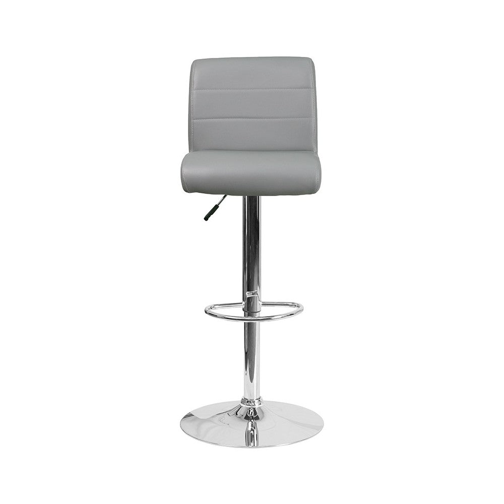 Contemporary Gray Vinyl Adjustable Height Barstool with Rolled Seat and Chrome Base