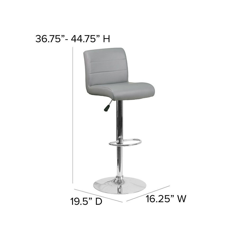 Contemporary Gray Vinyl Adjustable Height Barstool with Rolled Seat and Chrome Base