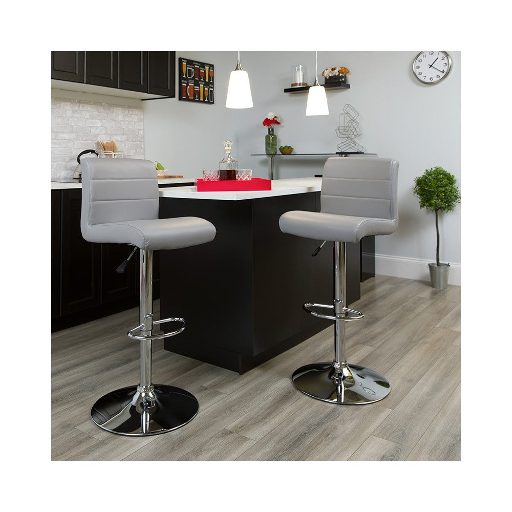 Contemporary Gray Vinyl Adjustable Height Barstool with Rolled Seat and Chrome Base