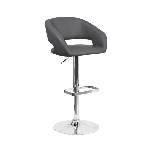 Contemporary Gray Vinyl Adjustable Height Barstool with Rounded Mid-Back and Chrome Base