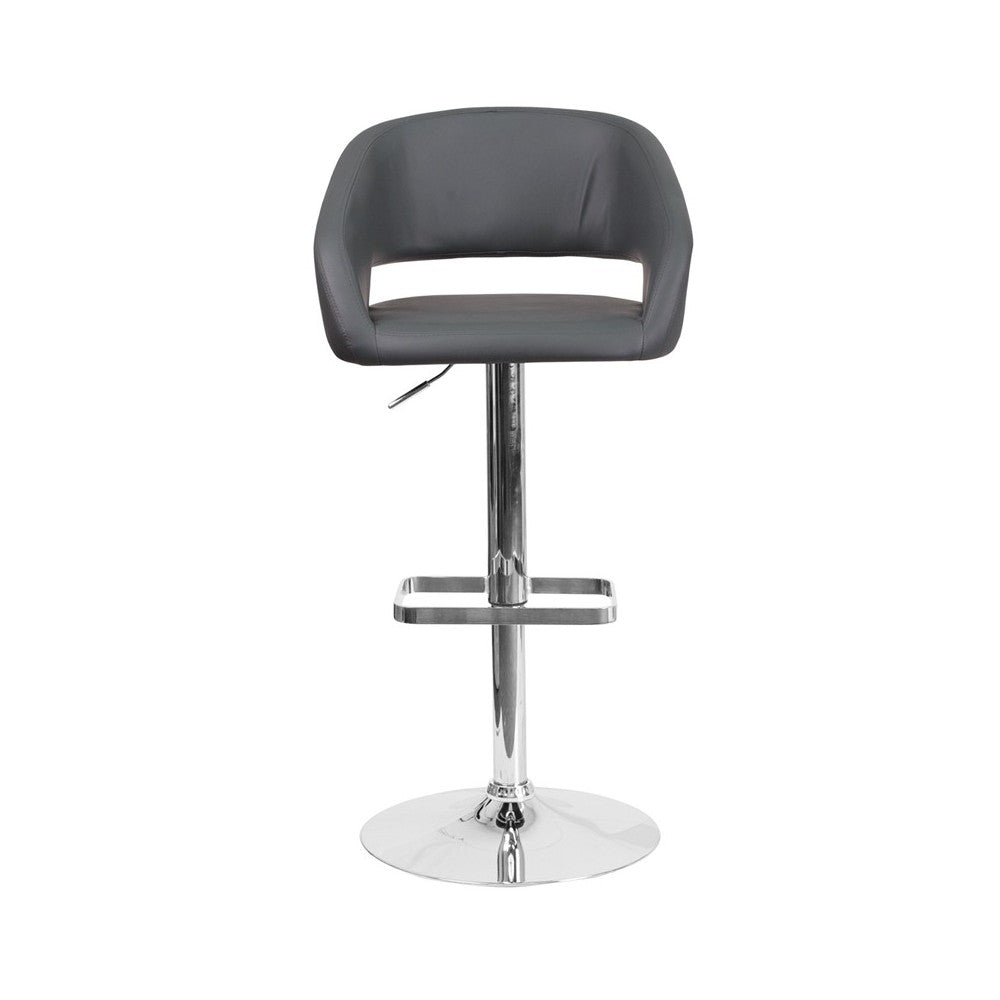 Contemporary Gray Vinyl Adjustable Height Barstool with Rounded Mid-Back and Chrome Base