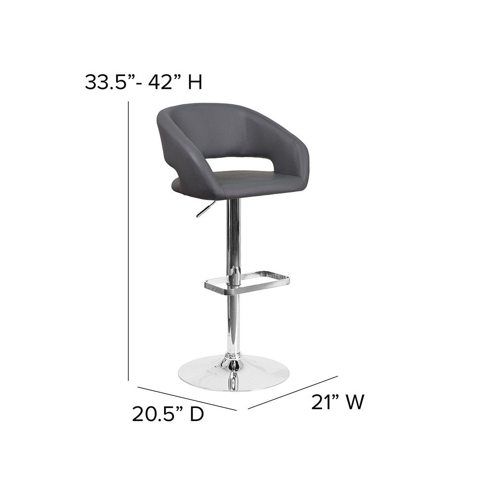 Contemporary Gray Vinyl Adjustable Height Barstool with Rounded Mid-Back and Chrome Base