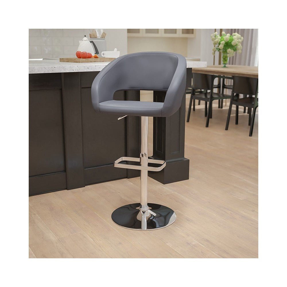 Contemporary Gray Vinyl Adjustable Height Barstool with Rounded Mid-Back and Chrome Base