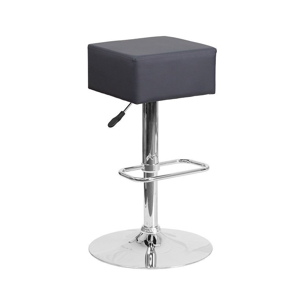 Contemporary Gray Vinyl Adjustable Height Barstool with Square Seat and Chrome Base