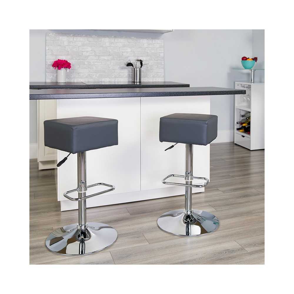 Contemporary Gray Vinyl Adjustable Height Barstool with Square Seat and Chrome Base