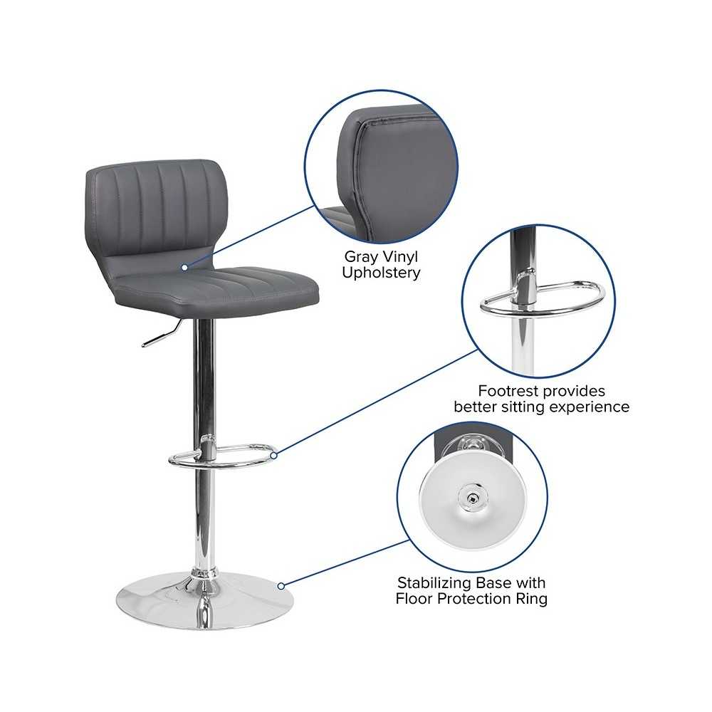 Contemporary Gray Vinyl Adjustable Height Barstool with Vertical Stitch Back and Chrome Base