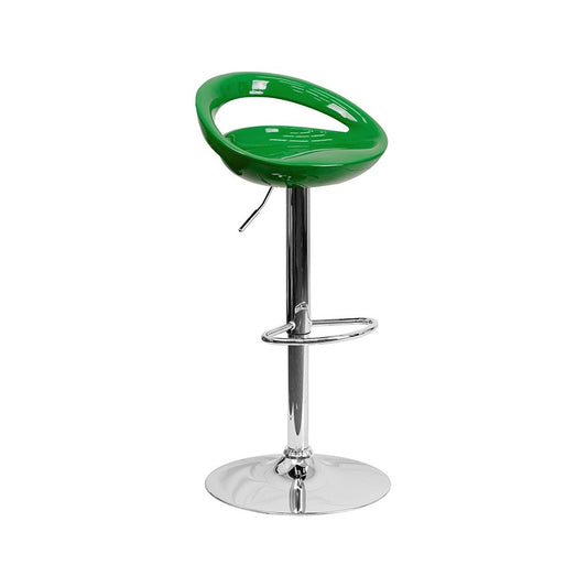 Contemporary Green Plastic Adjustable Height Barstool with Rounded Cutout Back and Chrome Base