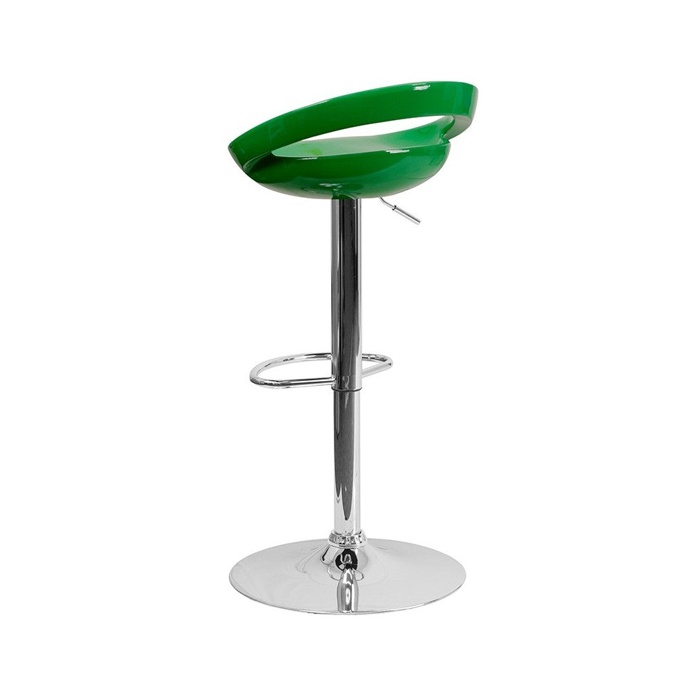 Contemporary Green Plastic Adjustable Height Barstool with Rounded Cutout Back and Chrome Base