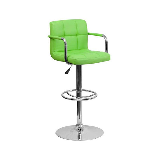 Contemporary Green Quilted Vinyl Adjustable Height Barstool with Arms and Chrome Base