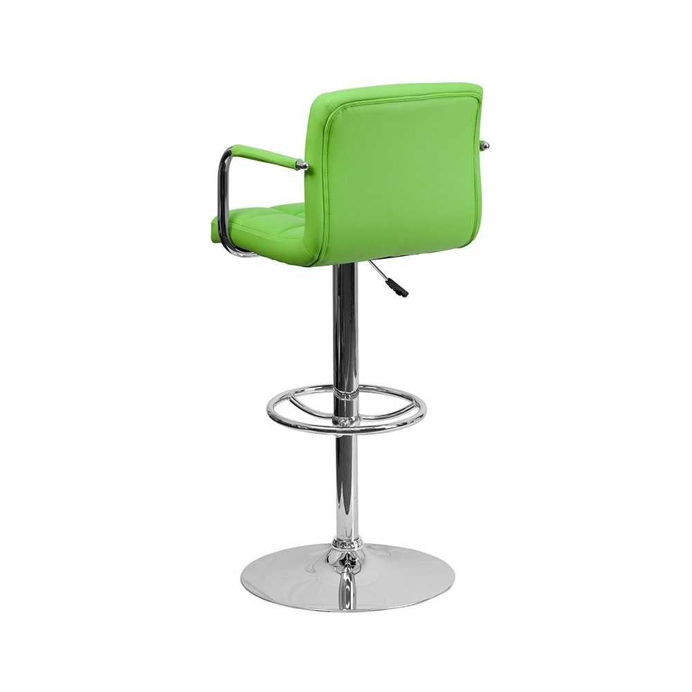 Contemporary Green Quilted Vinyl Adjustable Height Barstool with Arms and Chrome Base