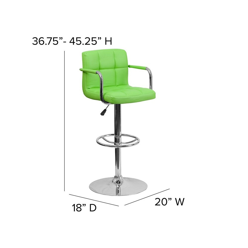 Contemporary Green Quilted Vinyl Adjustable Height Barstool with Arms and Chrome Base