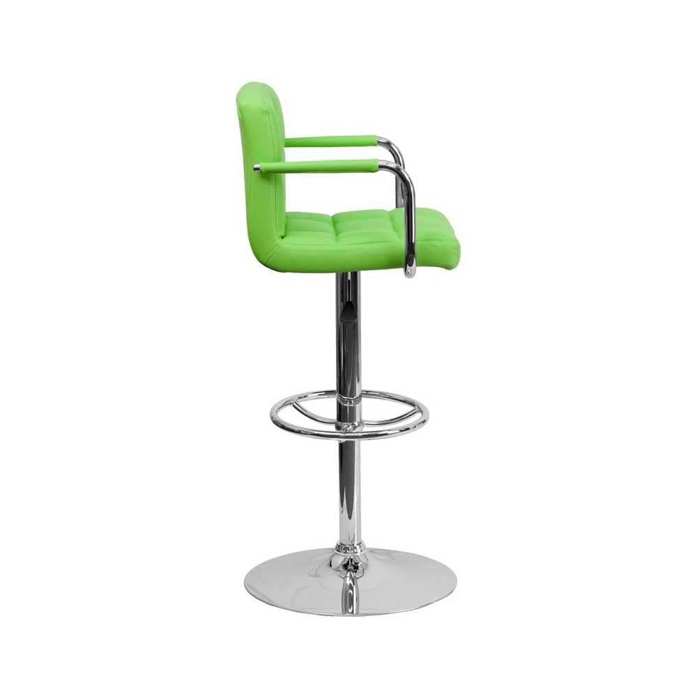 Contemporary Green Quilted Vinyl Adjustable Height Barstool with Arms and Chrome Base