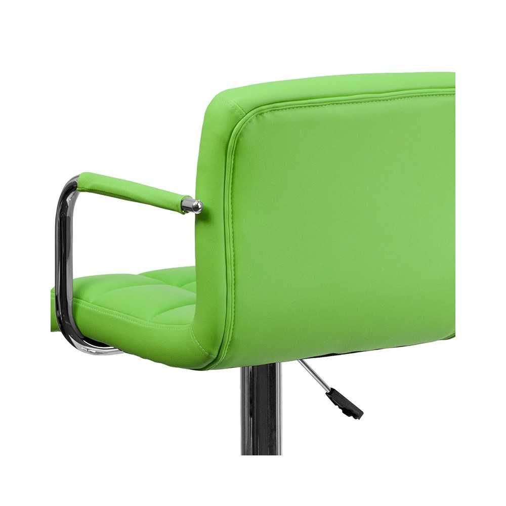 Contemporary Green Quilted Vinyl Adjustable Height Barstool with Arms and Chrome Base