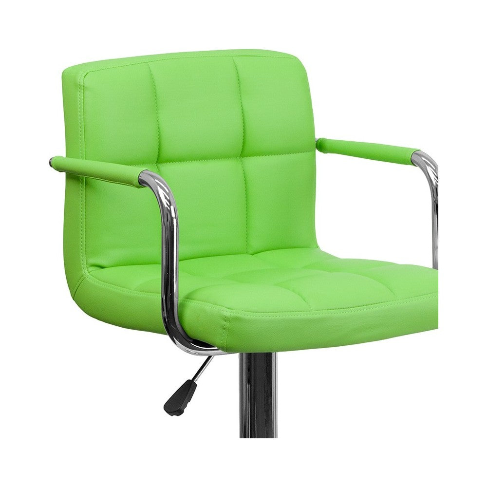 Contemporary Green Quilted Vinyl Adjustable Height Barstool with Arms and Chrome Base