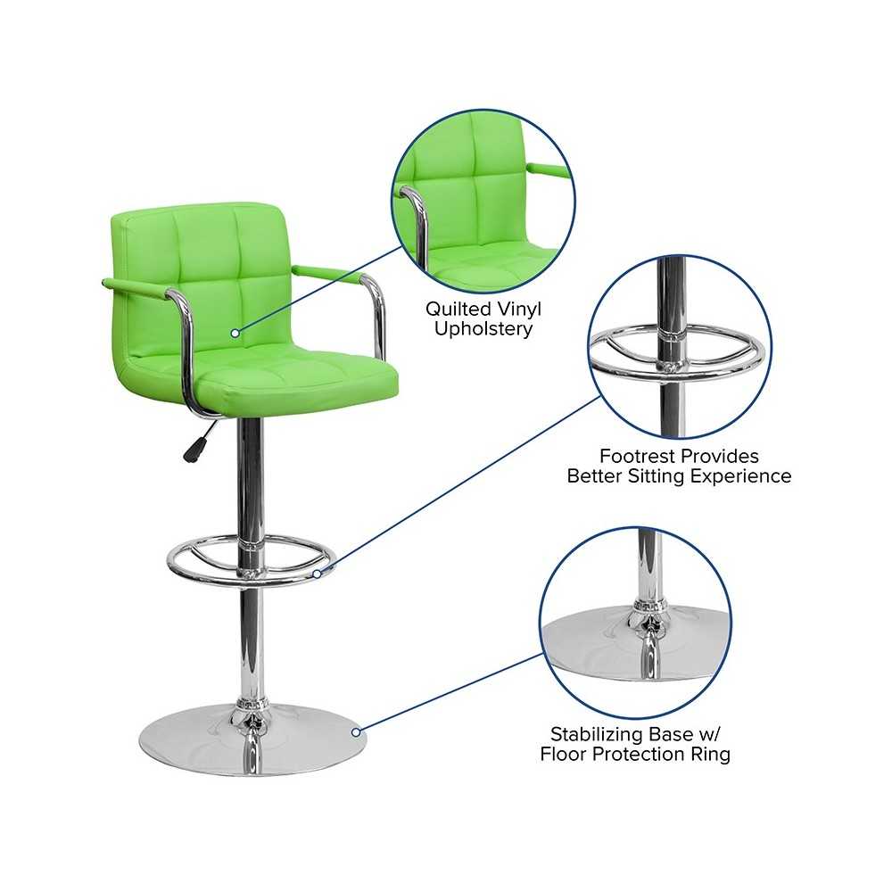 Contemporary Green Quilted Vinyl Adjustable Height Barstool with Arms and Chrome Base