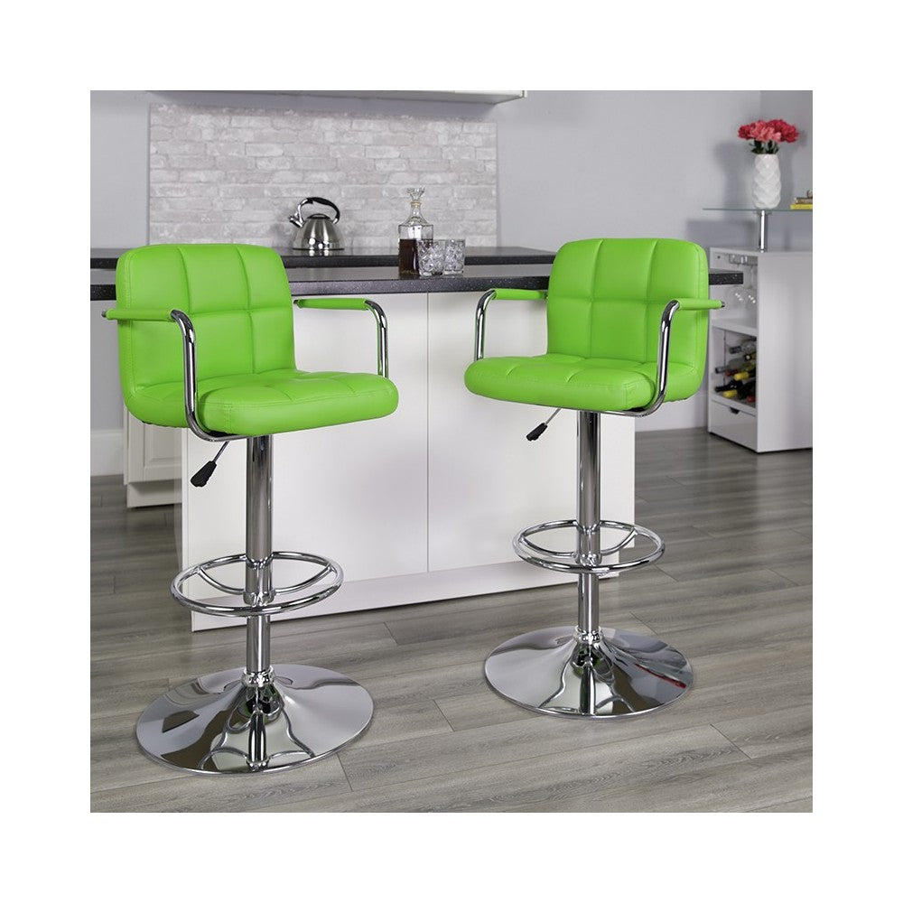 Contemporary Green Quilted Vinyl Adjustable Height Barstool with Arms and Chrome Base