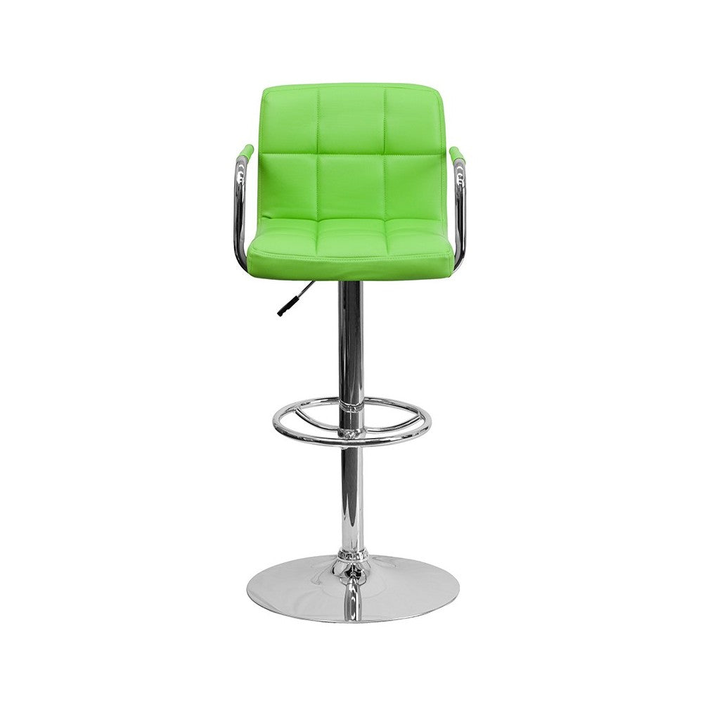 Contemporary Green Quilted Vinyl Adjustable Height Barstool with Arms and Chrome Base