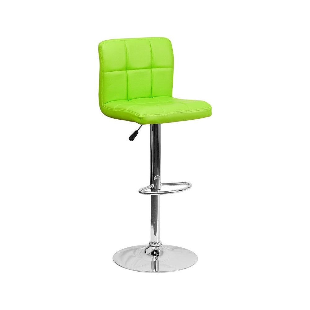 Contemporary Green Quilted Vinyl Adjustable Height Barstool with Chrome Base