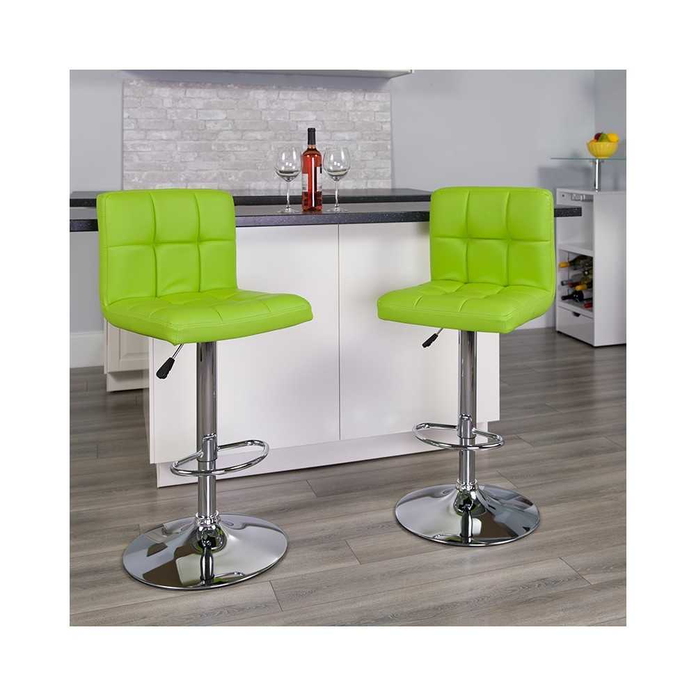 Contemporary Green Quilted Vinyl Adjustable Height Barstool with Chrome Base