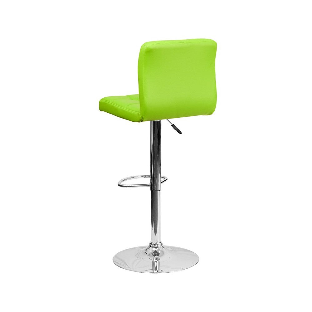 Contemporary Green Quilted Vinyl Adjustable Height Barstool with Chrome Base