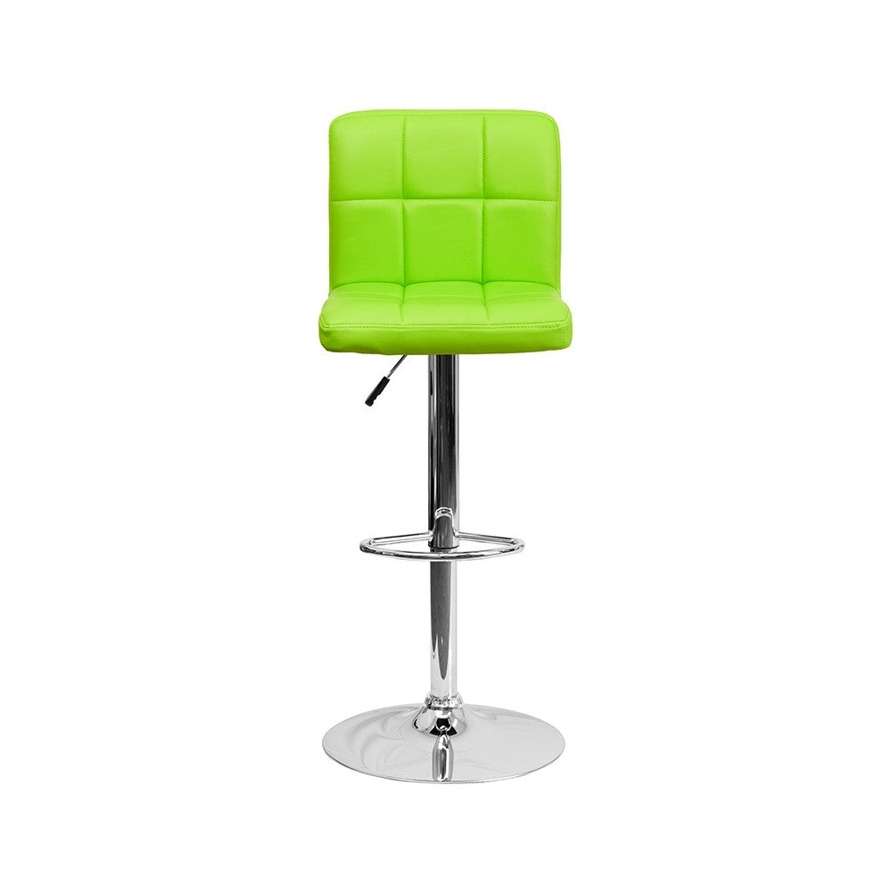 Contemporary Green Quilted Vinyl Adjustable Height Barstool with Chrome Base