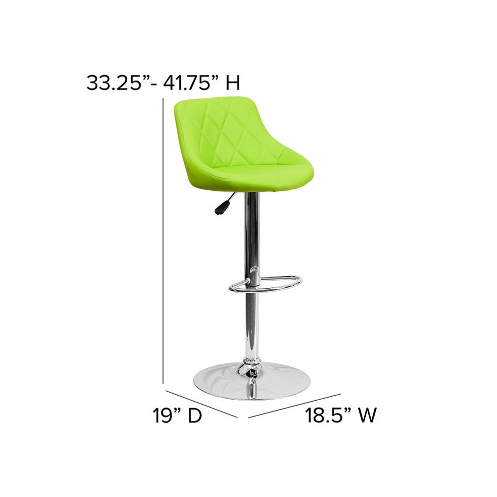 Contemporary Green Vinyl Bucket Seat Adjustable Height Barstool with Diamond Pattern Back and Chrome Base