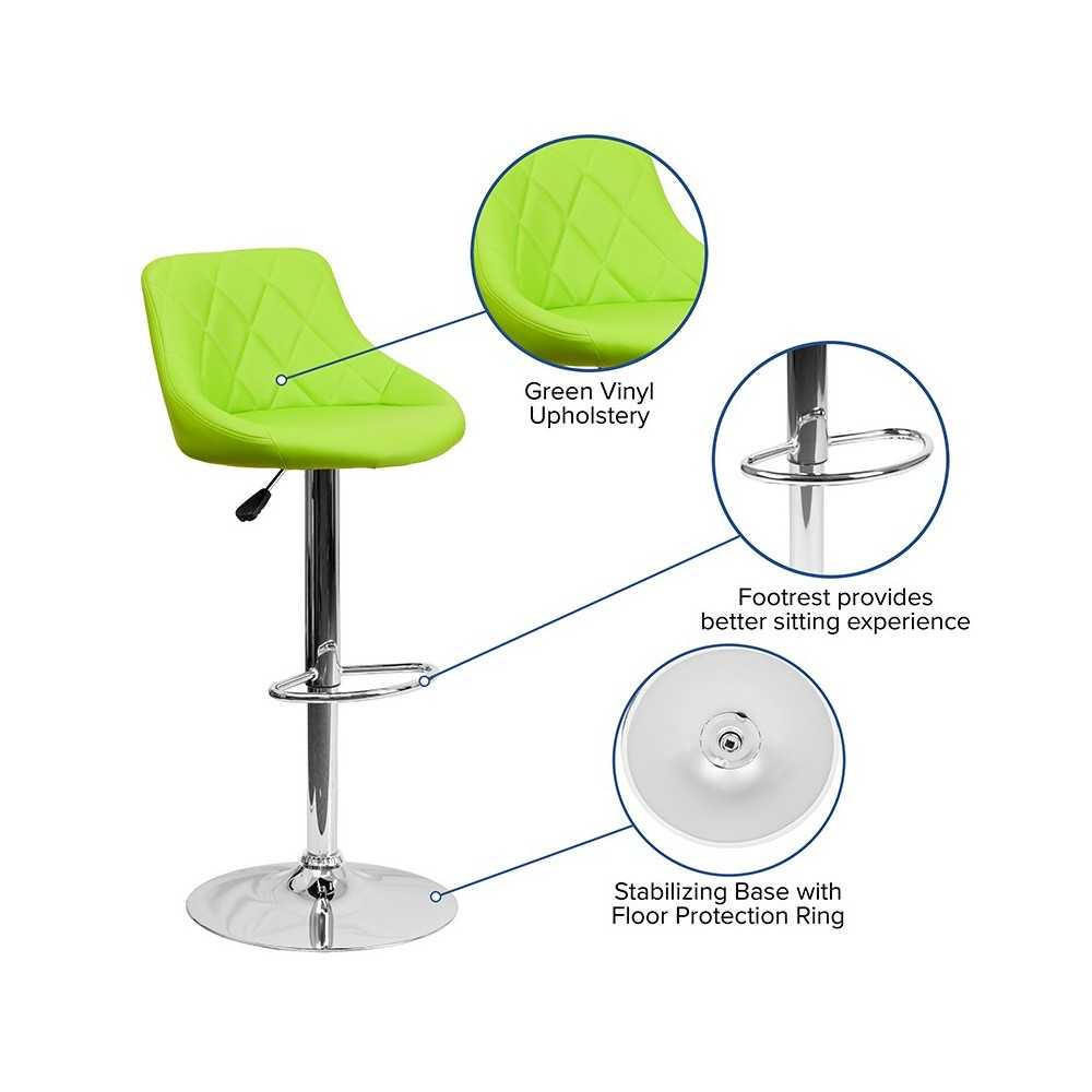 Contemporary Green Vinyl Bucket Seat Adjustable Height Barstool with Diamond Pattern Back and Chrome Base