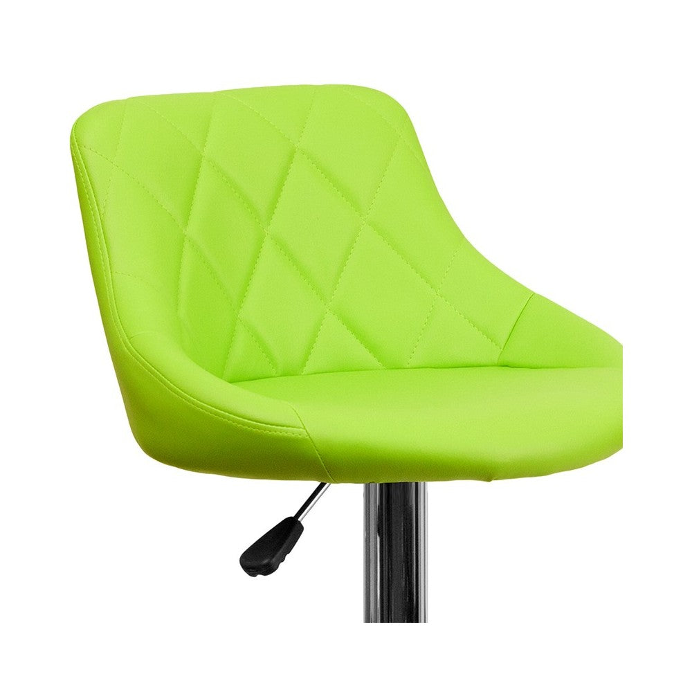 Contemporary Green Vinyl Bucket Seat Adjustable Height Barstool with Diamond Pattern Back and Chrome Base