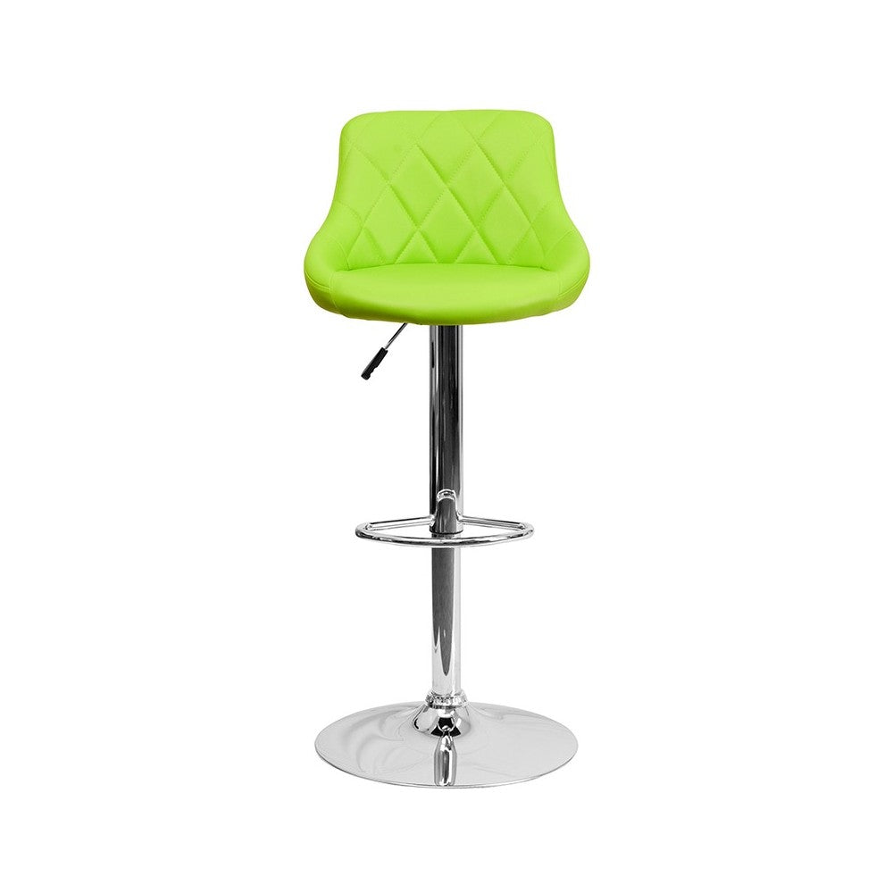 Contemporary Green Vinyl Bucket Seat Adjustable Height Barstool with Diamond Pattern Back and Chrome Base