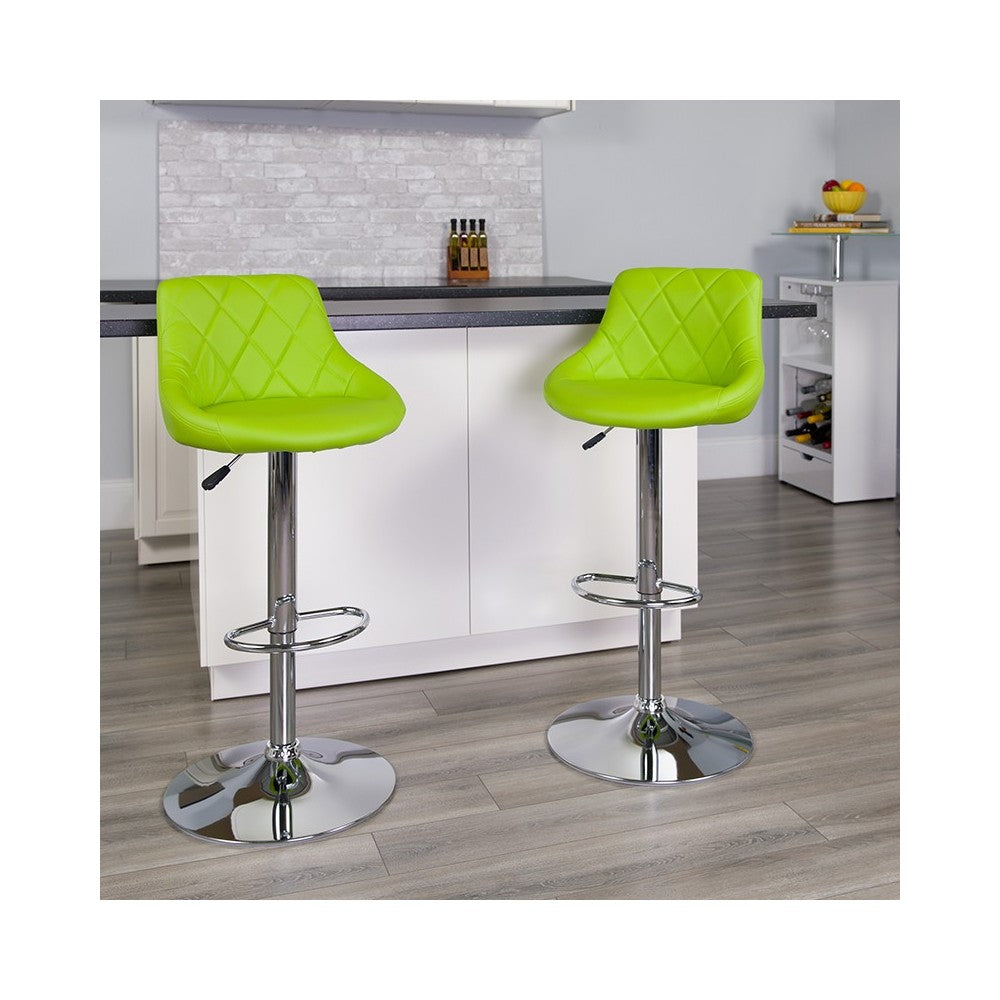 Contemporary Green Vinyl Bucket Seat Adjustable Height Barstool with Diamond Pattern Back and Chrome Base