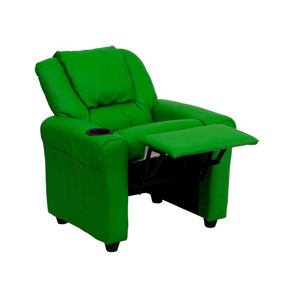 Contemporary Green Vinyl Kids Recliner with Cup Holder and Headrest
