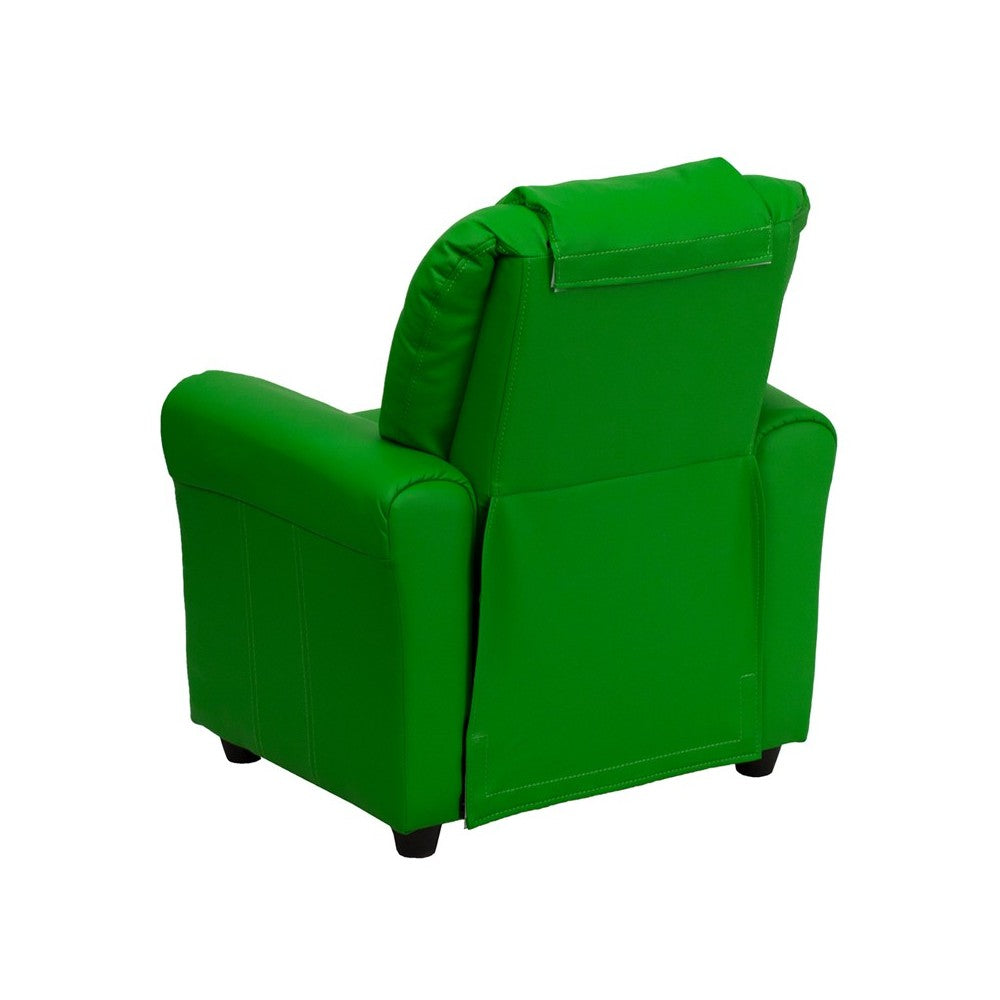 Contemporary Green Vinyl Kids Recliner with Cup Holder and Headrest