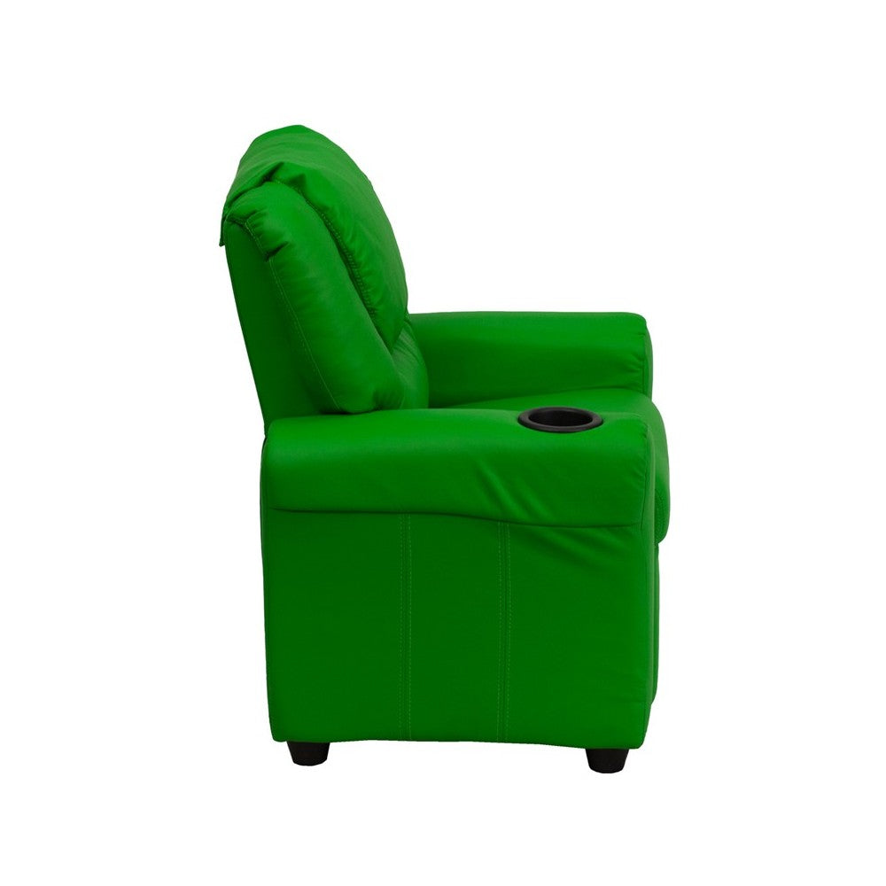 Contemporary Green Vinyl Kids Recliner with Cup Holder and Headrest