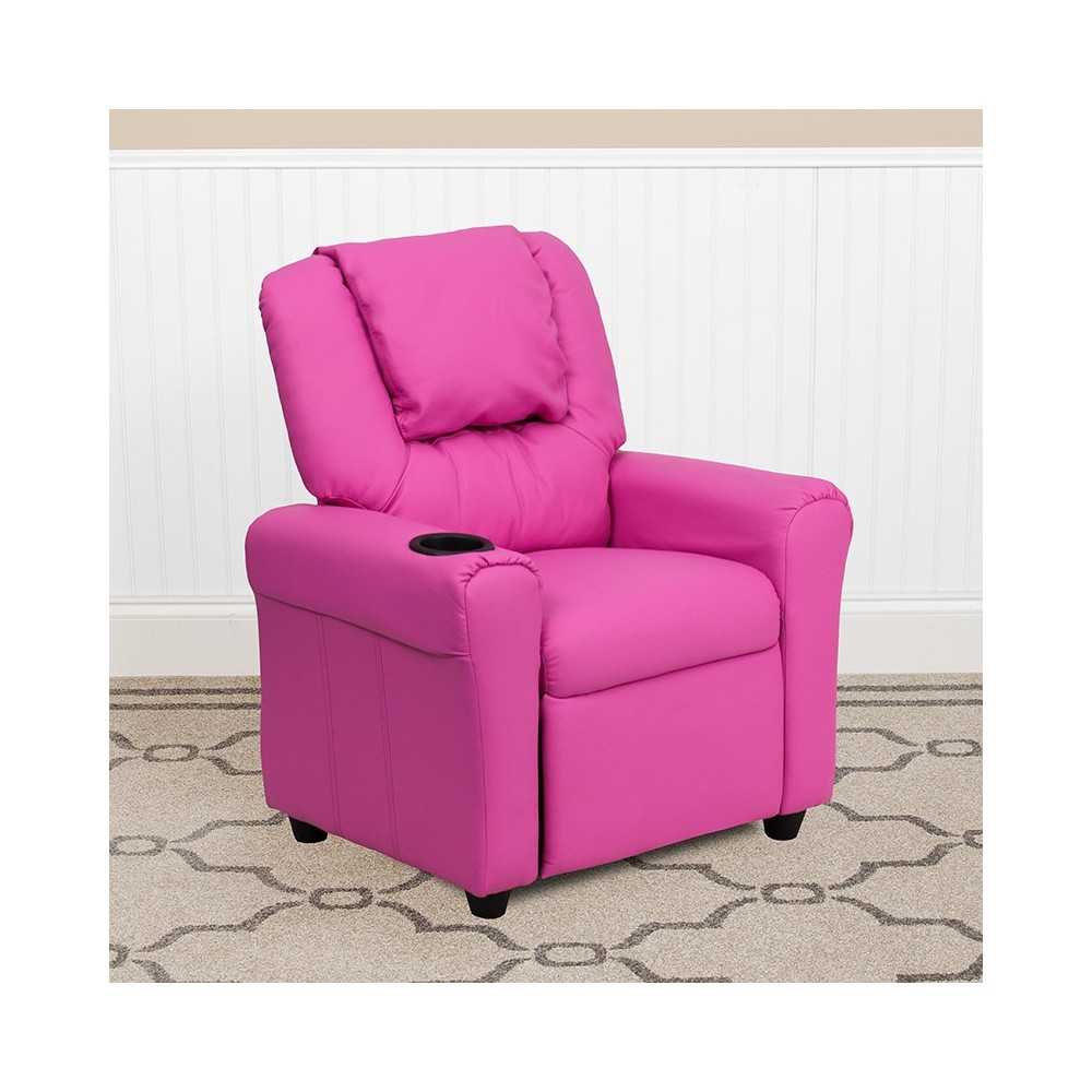 Contemporary Hot Pink Vinyl Kids Recliner with Cup Holder and Headrest