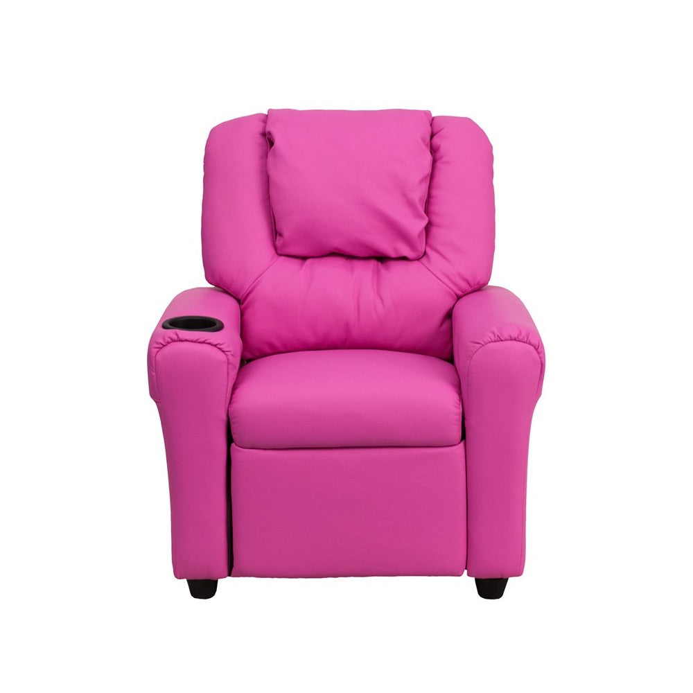 Contemporary Hot Pink Vinyl Kids Recliner with Cup Holder and Headrest